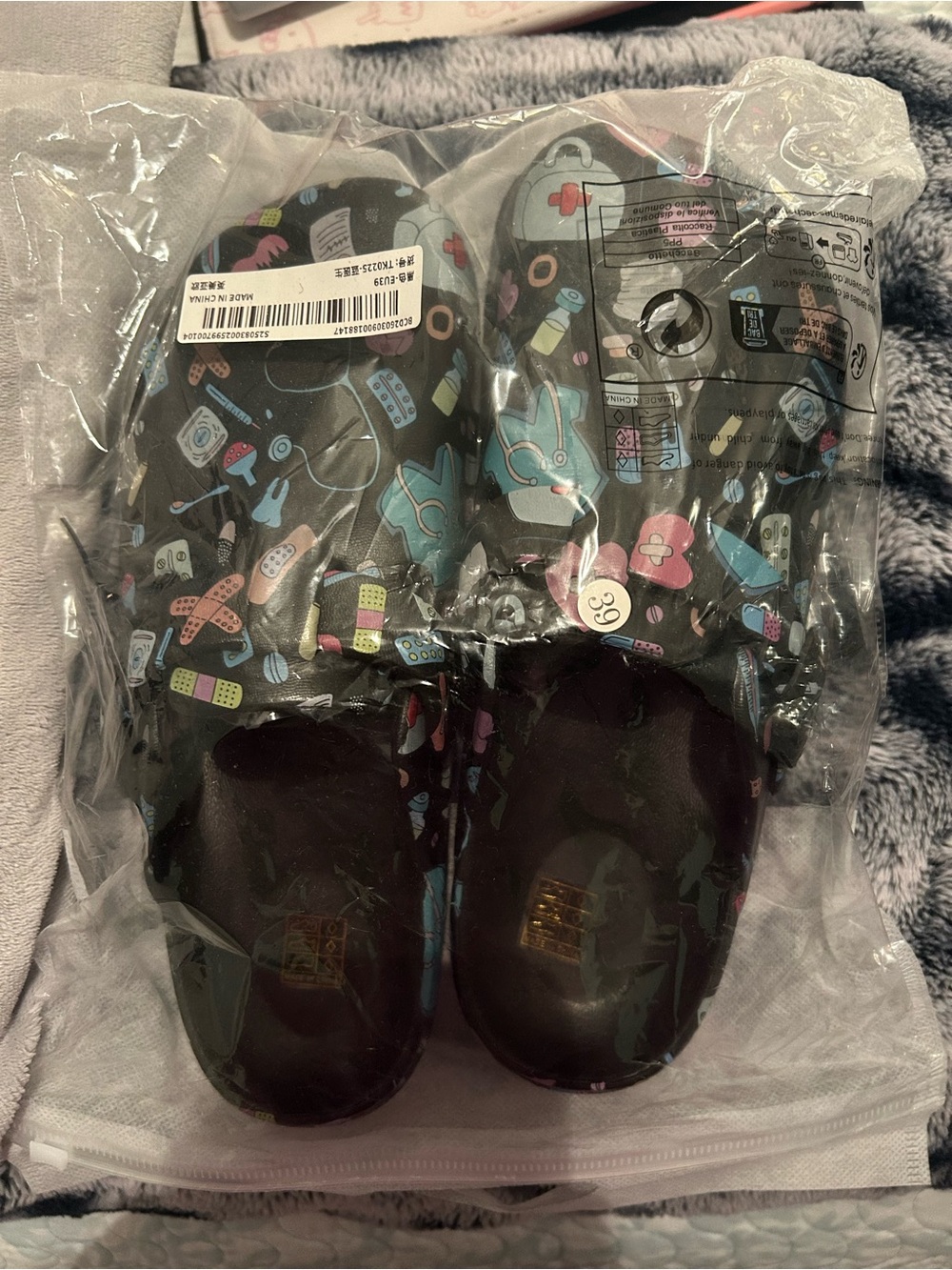 Women’s Slip-On Medical Print Clog Slippers - Black with Teal & Pink Accents